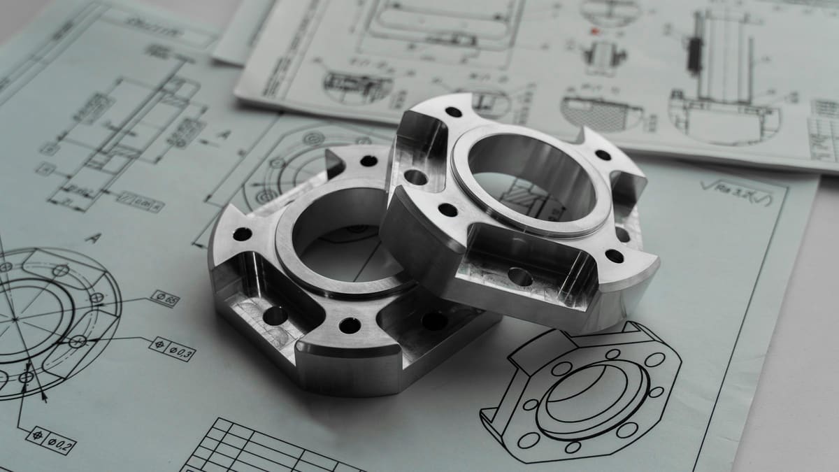 Machined mechanical parts resting on engineering drawings during specification review