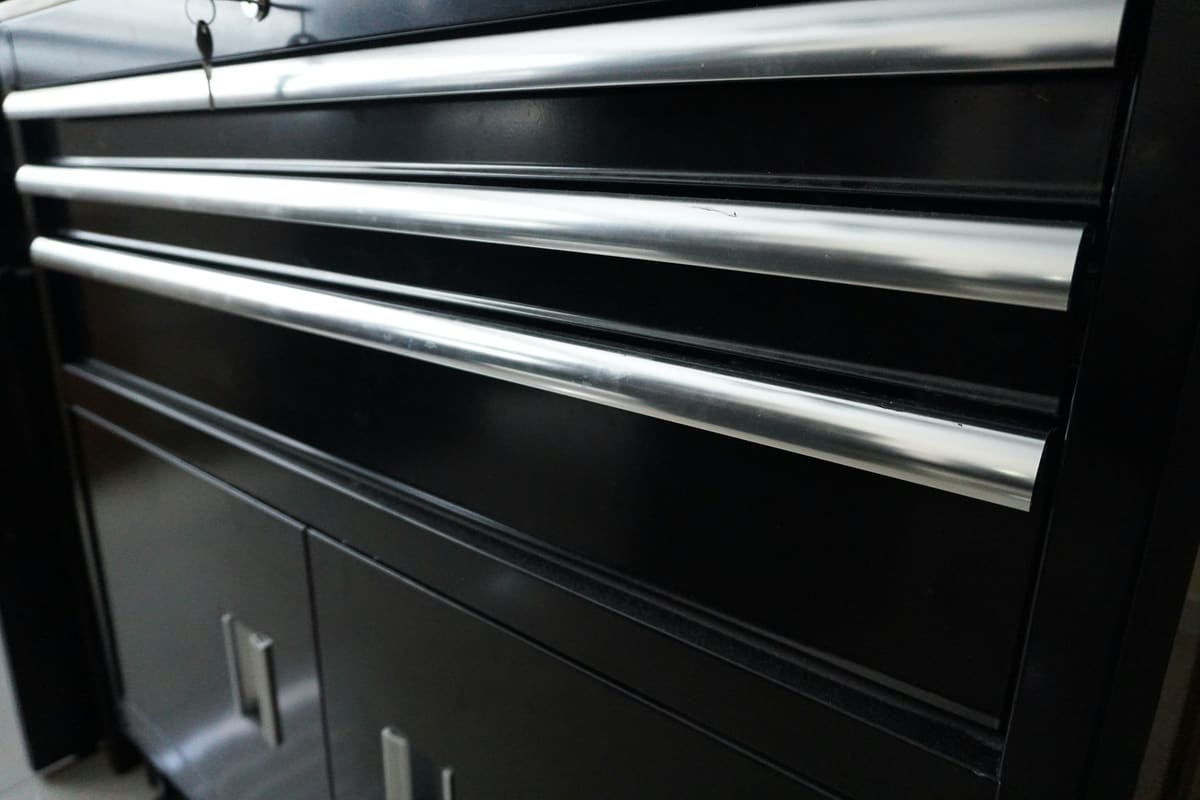 Steel workshop drawer cabinet photographed as a plain equipment detail
